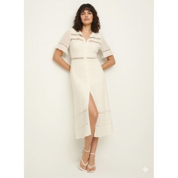 NWT Reformation Woodson in Ivory Lace Trim Midi Button Down Shirt Dress 14 - Picture 2 of 11
